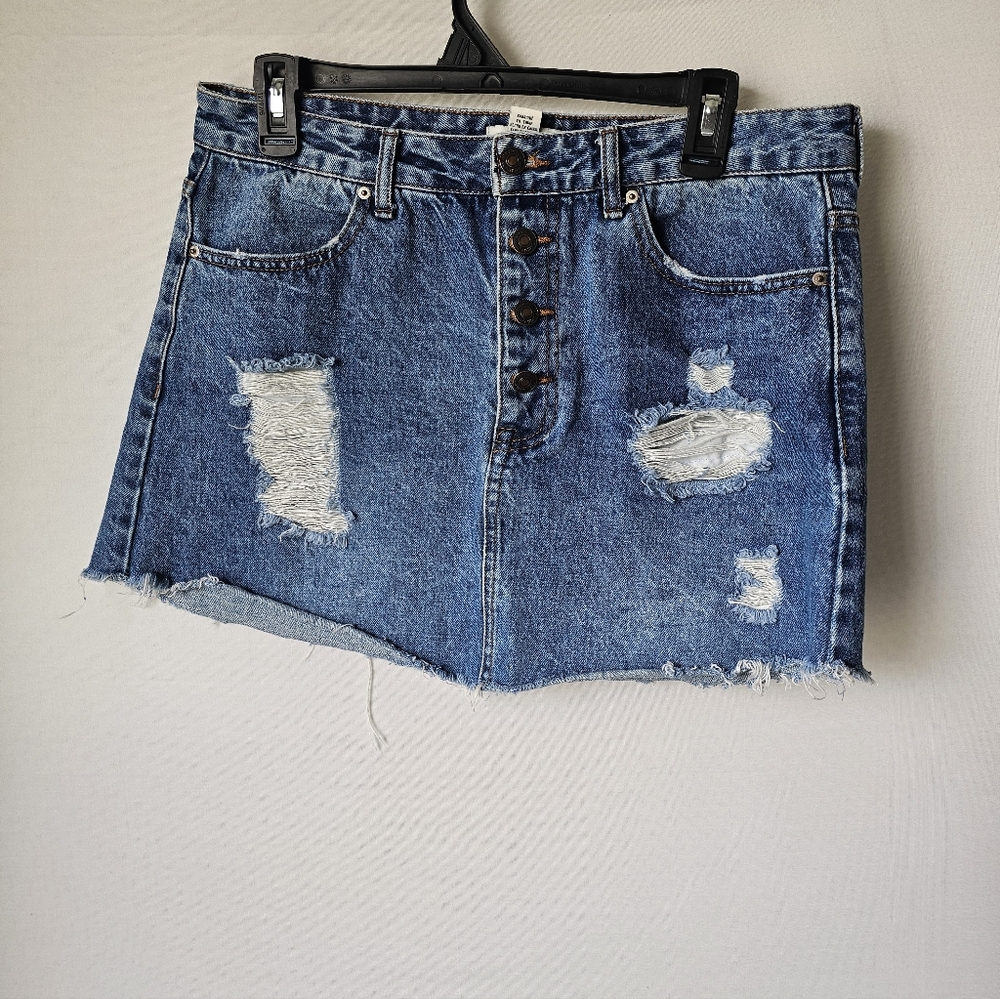 Distressed Blue Denim Mini Skirt - Button Front